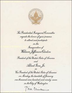 William J Bill Clinton Inaugural Invitation Signed Circa 1997