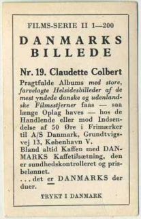 Claudette Colbert Vintage 1936 Danmarks Film Stars Trading Card 19
