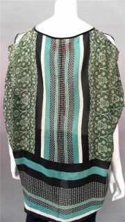 Clover Canyon Misses L Silk Blouse Top Green Pattern Short Sleeve