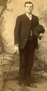 Victorian Photo Man Cane Bowler Hat Pocket Watch Fob