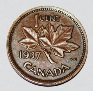 Canada 1937 1 Cent Copper Coin One Canadian Penny Nice