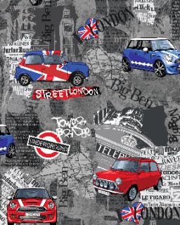 FQ Benartex Fabric London Bridge Mini Cooper Cars Union Jack Patchwork