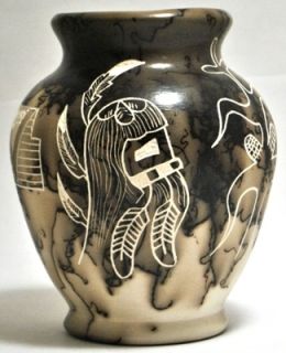 Cochiti Pueblo Dancer Corn Stalk Etched Horsehair Pottery Wm