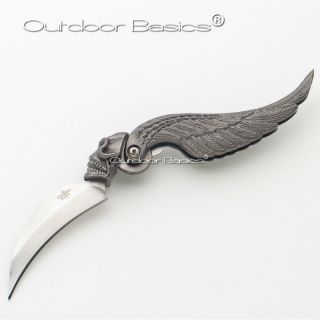 Open Collectible Gothic Skull Steel Feather Folding Knife Letter