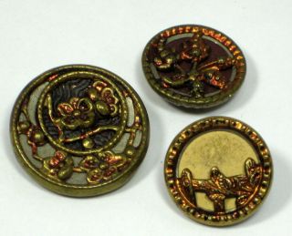 Victorian tinted metal floral acorn buttons with original patina