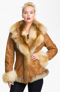 Chosen Furs Lambskin Leather Coat with Fox Fur Trim