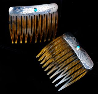  Silver Turquoise HAIR COMBS Sweet Size ETCHED DECORATION Vintage