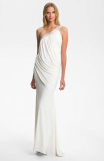 Sz 14 JS Collections Beaded One Shoulder Jersey Gown Ivory