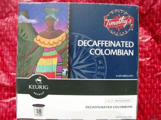  Cups Timothys Colombian Decaf Medium Roast Coffee 18 Pack