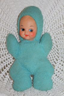 Vintage Commonwealth Toy Co Baby Doll Blue Plush w Rubber Face 1960s