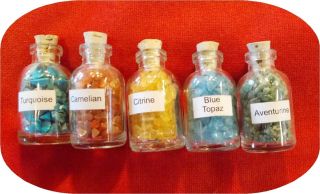 five small bottles of Turquoise Carnelian Aventurine Citrine and Blue