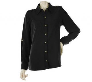 Susan Graver Button Front Woven Shirt with Roll Tab Sleeves — 