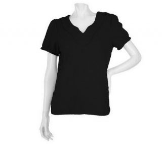 Denim & Co. Short Sleeve Top with Tonal Trim and Ruffle Detail