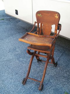 Antique Childs Convertible High Chair Stroller T Back Wood NICE