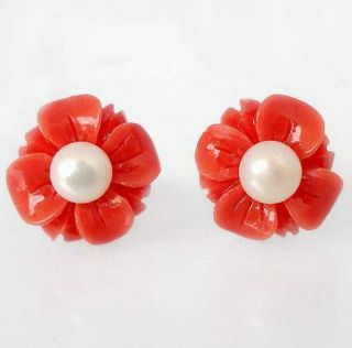  MAGICAL RED CORAL FLOWER PEARL 925 STERLING SILVER STUD EARRINGS G7415