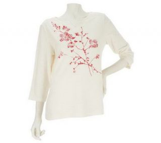 Denim & Co. 3/4 Sleeve Placement Print Slub Knit T shirt —