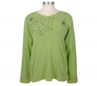 Quacker Factory Rhinestone Spiderweb Long Sleeve V neck T shirt