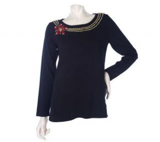 Quacker Factory Sweater with Simulated Pearl Necklace & Brooch Design 
