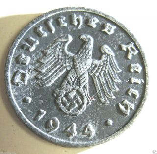 1944 Nazi Coin World War II WW2 German Adolf Hitler I REICHSPFENNIG