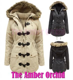 New Ladies Corduroy Fur Hooded Womens Duffle Parka Jacket Coat Sizes 8