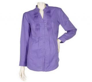Denim & Co. Long Sleeve Button Down Mandarin Collar Pleated Shirt 