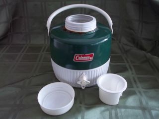 VINTAGE COLEMAN WATER JUG COOLER W CUP 1 GALLON GREEN AND WHITE