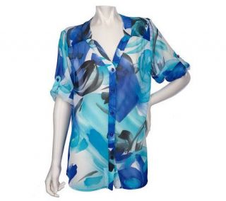 Susan Graver Printed Chiffon Banded Collar Button Front Blouse