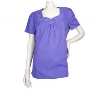 Denim & Co. Short Sleeve Voile Tunic with Lace Trim Neckline