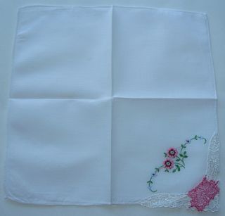  Vintage Embroidery Flower Lacy Corner Ladies Hanky Handkerchief