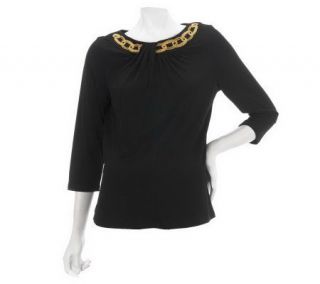 Bob Mackies 3/4 Sleeve Top with Embroidered Neckline   A228635