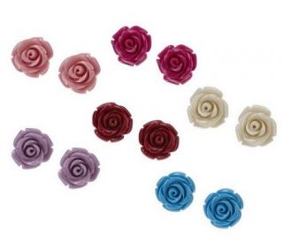 Set of 6 Colorful Carved Rose Shaped Stud Earrings —