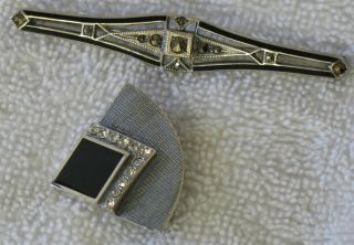 Vintage Sterling Silver Stone Pin Brooch Marcasite Diamond Enamel set
