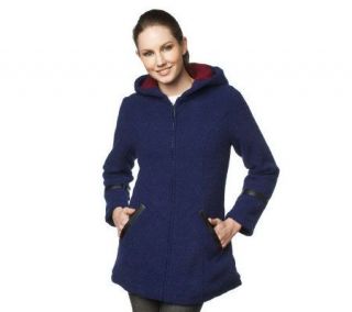 Susan Graver Boucle Fleece Zip Front Coat w/ Faux Leather Trim 