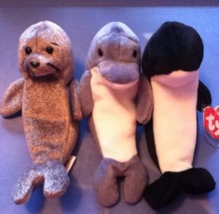 Ty Beanie Babies Echo Waves and Slippery Retired Lot RARE