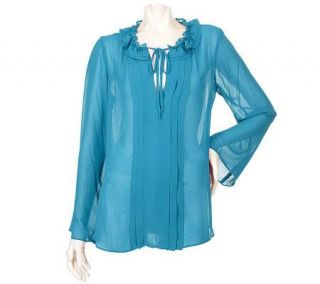 Susan Graver Chiffon Top with Ruffled Neck Detail and Pleated Placket 