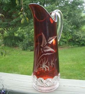 Ruby Stained EAPG Glass Fern Etched Tankard Pitcher