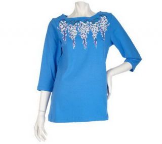 Bob Mackies Wisteria Embroidered 3/4 Sleeve Knit Top —
