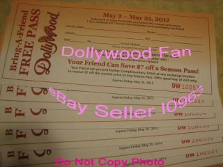 DollyWood Bring Friend Free Pass Ticket Read 1st Ship Fee on 1st Pass