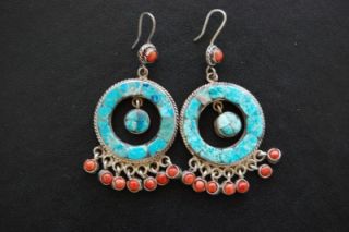  925 Sterling Silver Turquoise Coral Chandelier Dangle Earrings