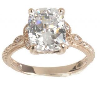 Diamonique 100 Facet Emerald Cushion Cut Ring, 14K Gold —