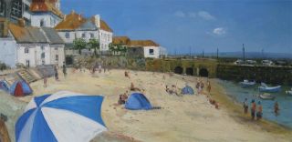 LARGE Oil Painting ST. IVES CORNWALL TOWN BEACH Sand Summer BRITISH