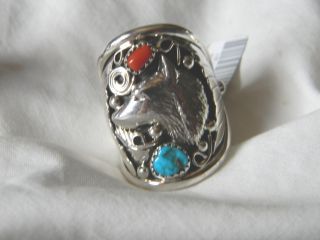 sterling silver navajo made mens wolf ring turquoise red coral size 11