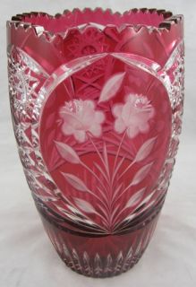 Vintage Cranberry Cut to Clear Decorative Glass Vase Floral Flower