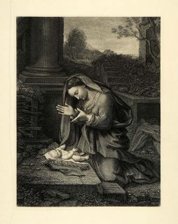 1876 Steel Engraving Antonio Correggio Art Madonna Adoring Divine