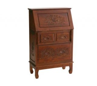 Handcarved Pecan Finish Secretary Desk with Drawer —