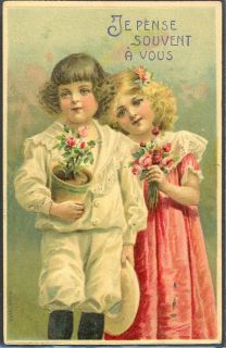 HV146 Couple of Edwardian Children Roses Embossed 1910