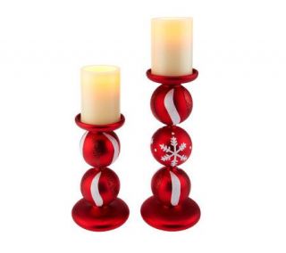 HomeReflections S/2 Candy Cane Pillar Holders with Flameless Candles w 