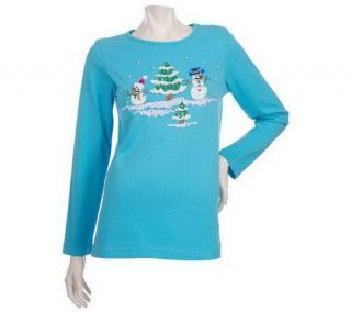 Quacker Factory Sparkly Scenes Long Sleeve Knit Top —
