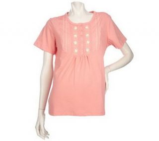 Denim & Co. Short Sleeve T Shirt with Embroidery and Lace Detail