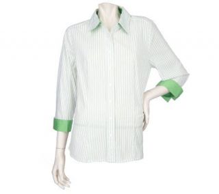 Denim & Co. 3/4 Sleeve Stretch Poplin Striped Woven Shirt —